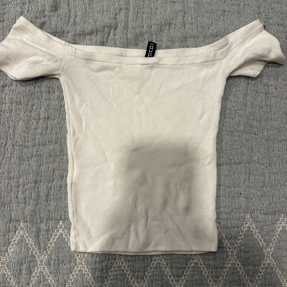 White Off Shoulder Ribbed Top | Fitted Short Sleeve Top